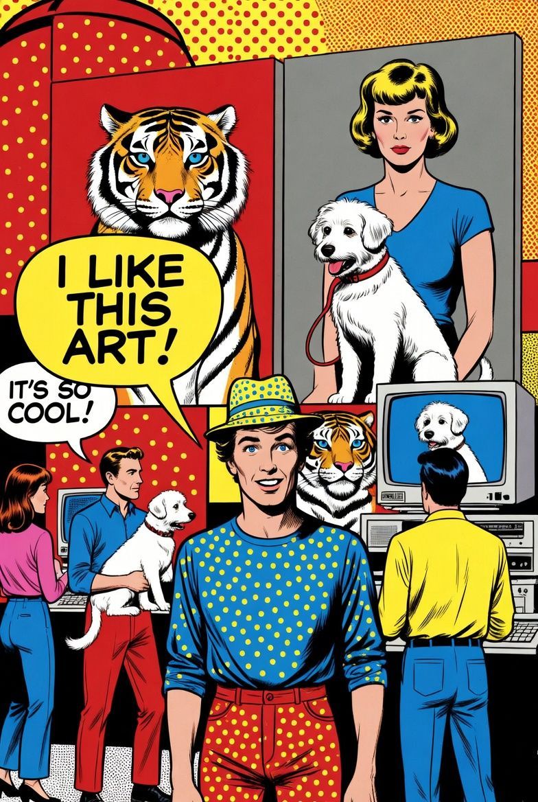 Comic-style illustration of people viewing art. A man in polka dots says, “I like this art!” displaying tiger and dog paintings.