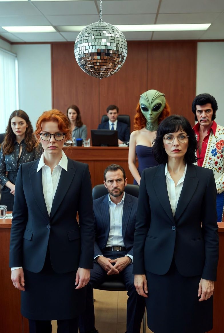 People in a courtroom with a disco ball. The diverse group includes a suited man, a redhead, and an alien.