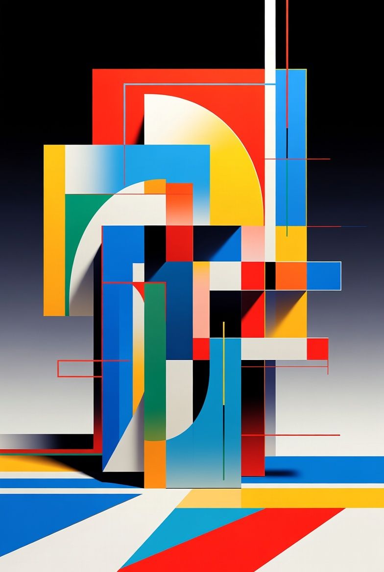 Abstract geometric shapes in red, blue, yellow, and green, layered against a gradient background.