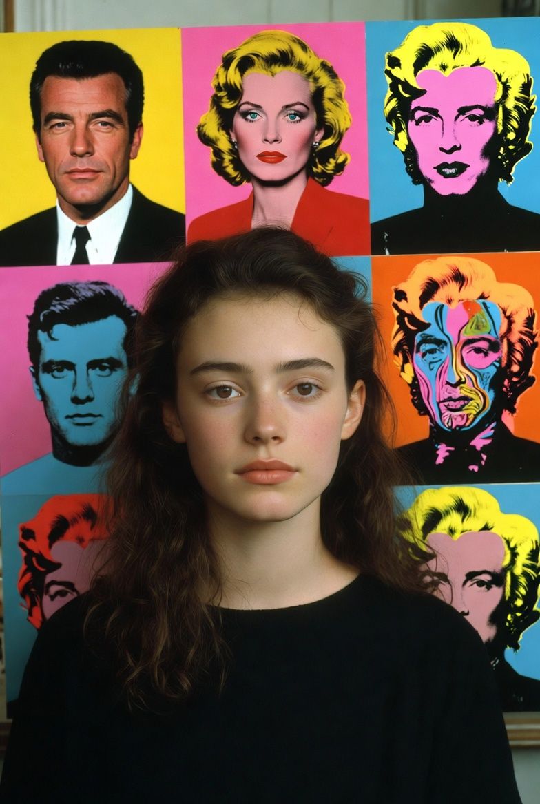 Woman in front of pop art portraits. Artwork colorful, faces, neutral expression. Black shirt.
