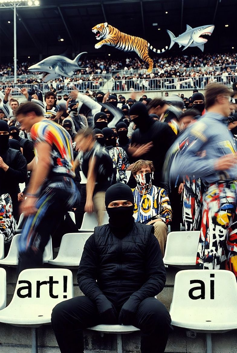 A person in a black ninja outfit sits at a stadium. Above, a tiger and shark float over spectators.