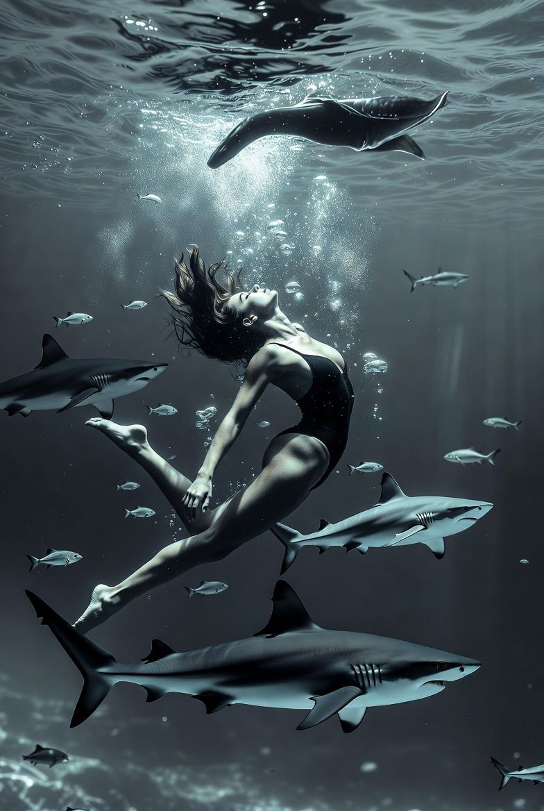 Woman swims among sharks in ocean, reaching upwards. Bubbles, monochrome.