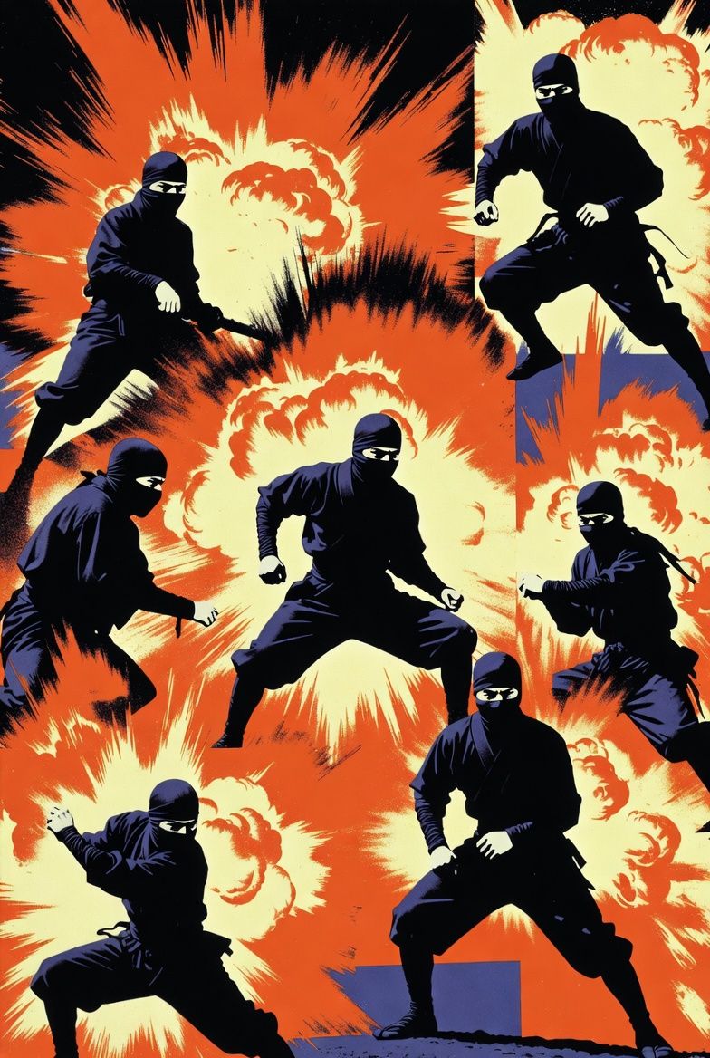 Ninjas in black outfits are posed in front of a red and yellow explosion.