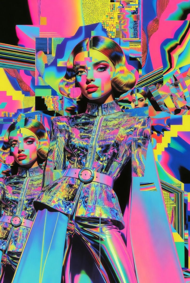 Woman in futuristic, iridescent outfit with glitch effect, vibrant colors.