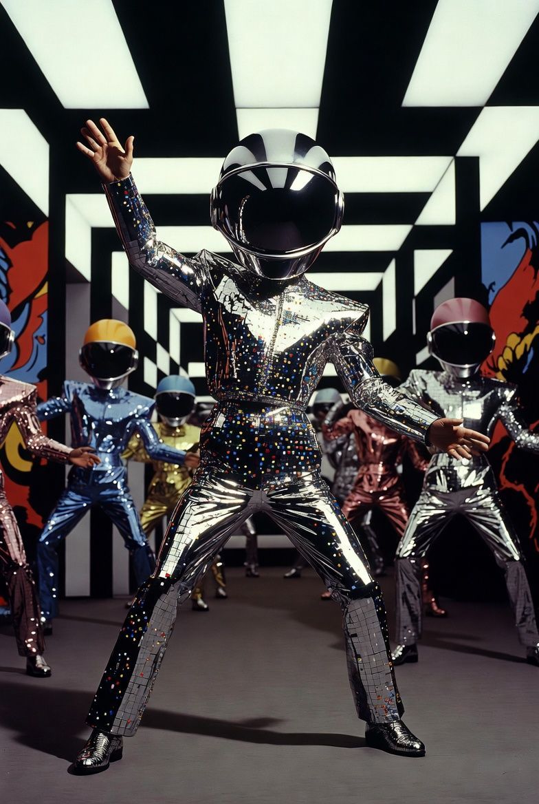 A person in a silver sequined jumpsuit and helmet with arms raised in a room with a black and white tiled ceiling surrounded by other people in colorful suits and helmets.