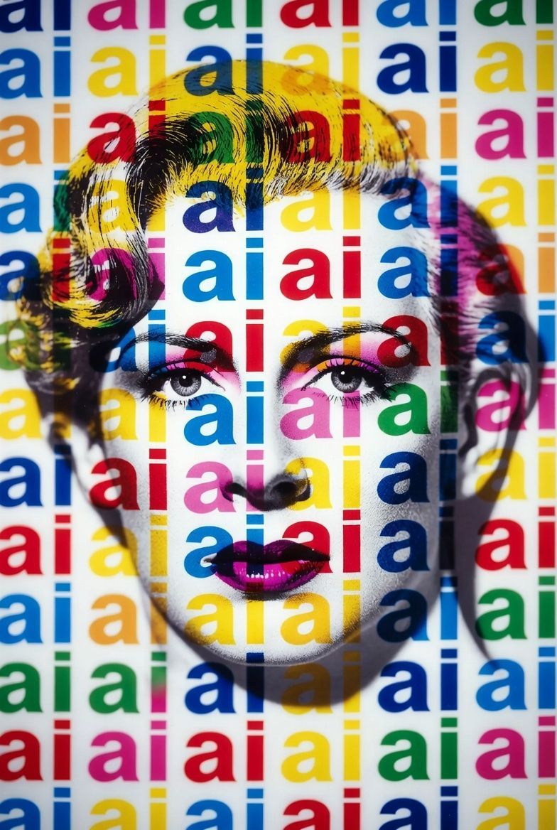 Pop art portrait with colorful 'ai' patterns over a woman's face, using bright shades.