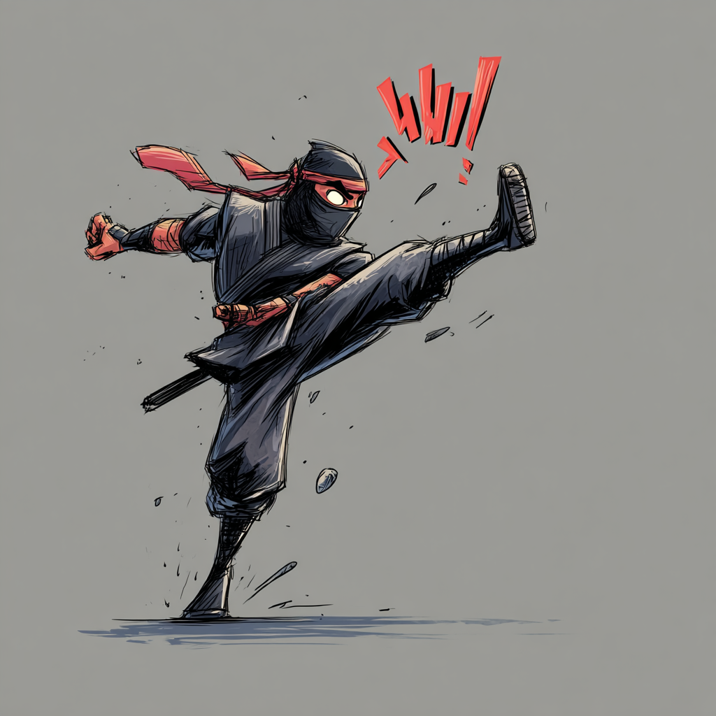 A pixel art drawing of a ninja kicking in the air