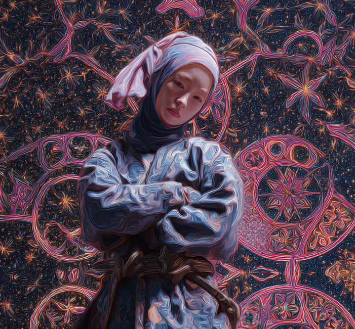A painting of a woman wearing a hijab with her arms crossed