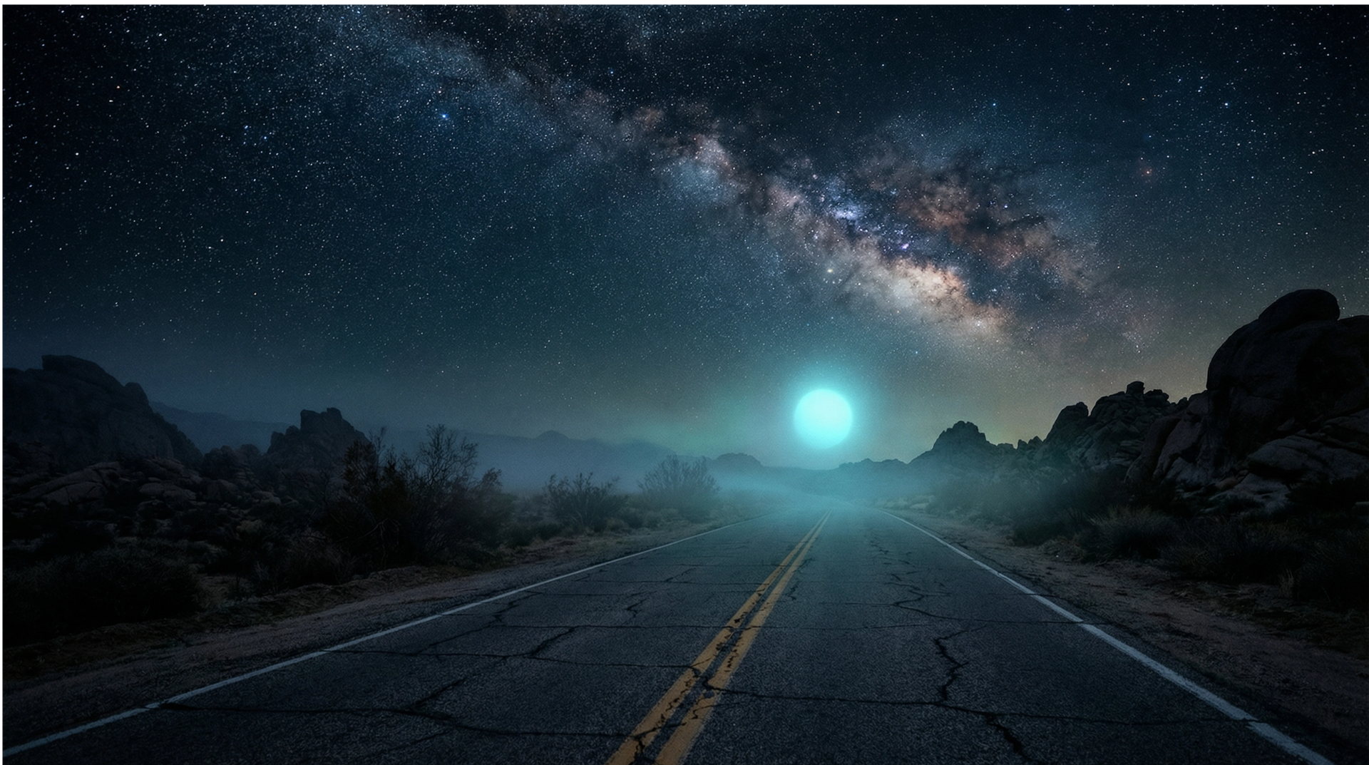 Night road, glowing blue orb, Milky Way, rocky terrain, and fog. ai