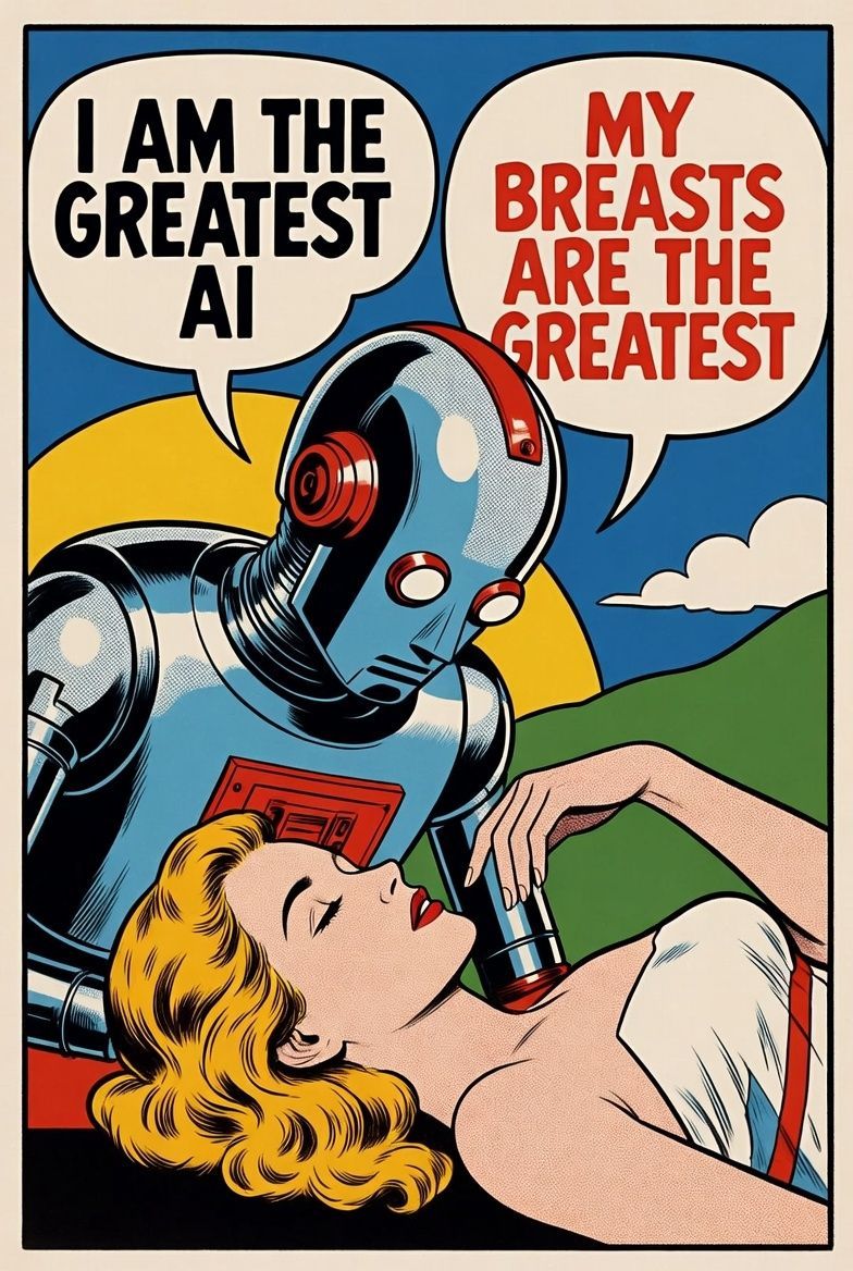 Robot gazing at a woman with the text bubbles: 