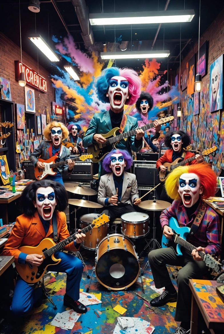A flamboyant band with clown-like makeup and wigs plays instruments in a colorful, graffiti-covered room, faces agape.