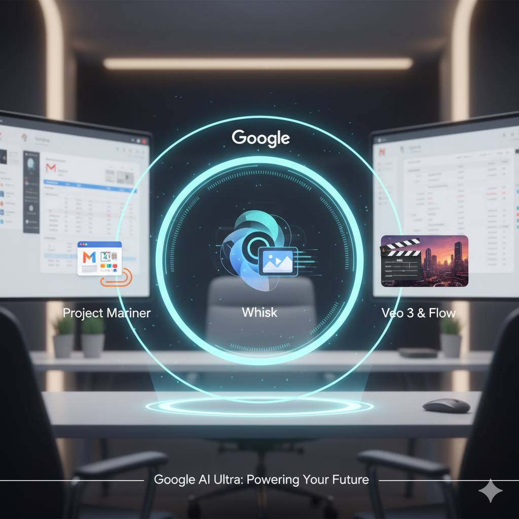 Two monitors displaying apps, connected by a glowing Google logo. The scene is a futuristic office with the tagline 