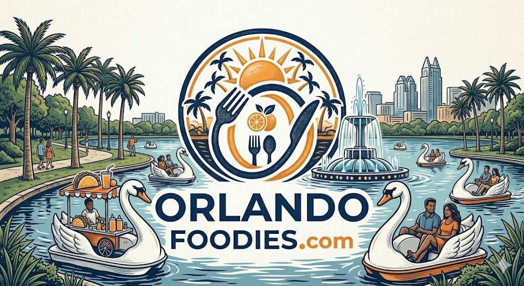 Logo for OrlandoFoodies.com featuring a circular food icon over Lake Eola with swan boats, a fountain, and city skyline.