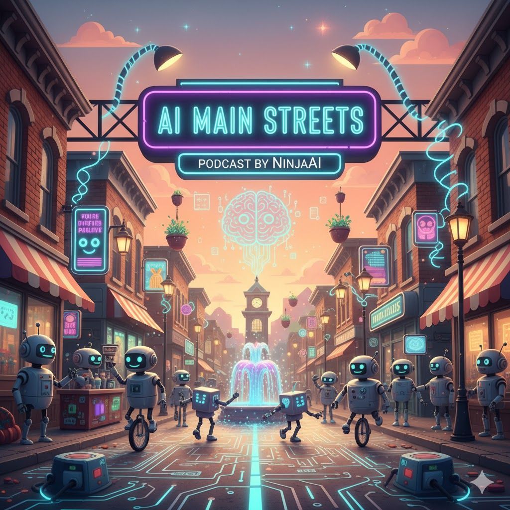 AI Main Streets podcast logo: robots on a city street with neon signs and a brain-shaped light display.