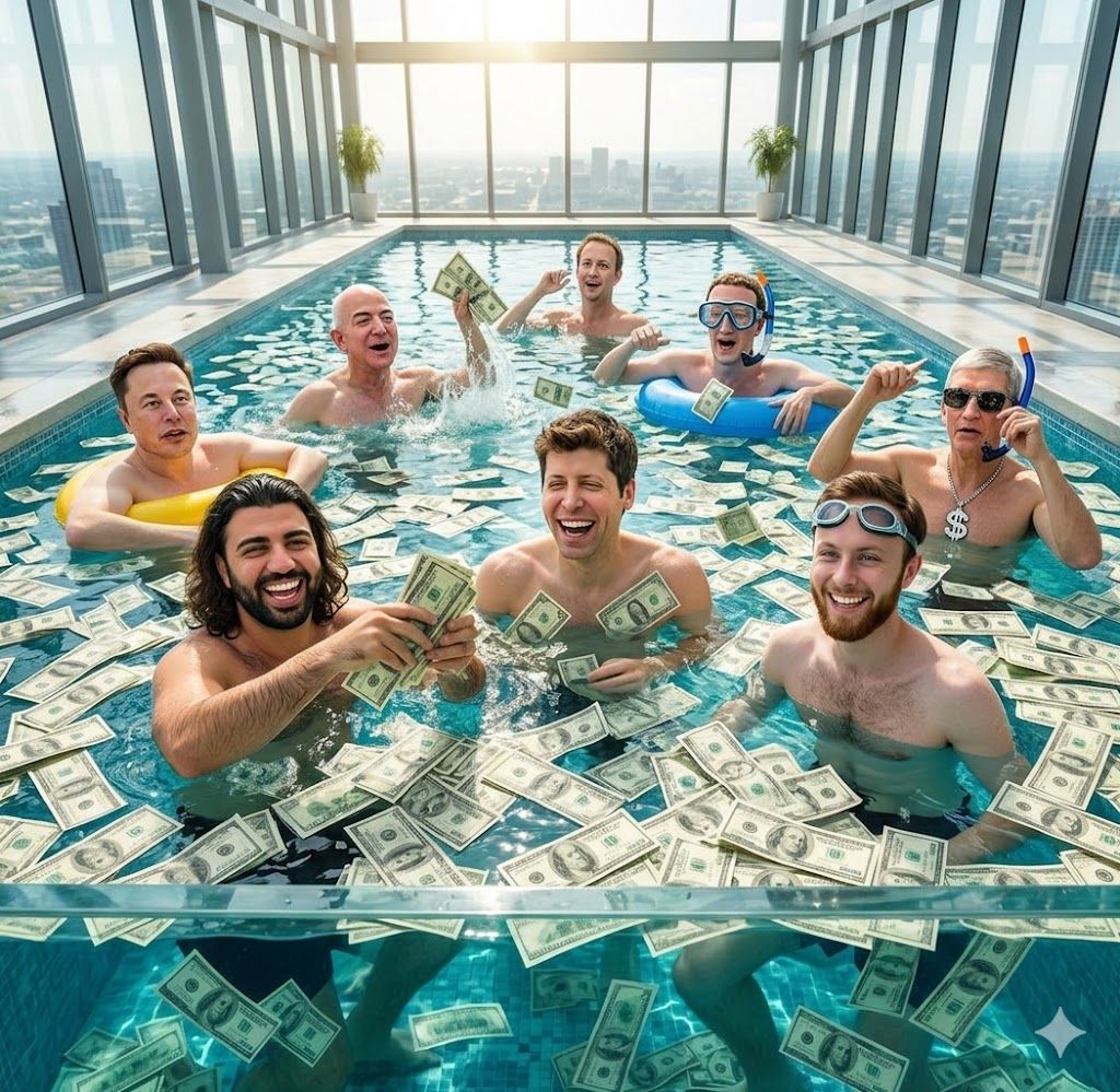 A group of men swimming in a luxury indoor pool filled with floating US dollar bills.