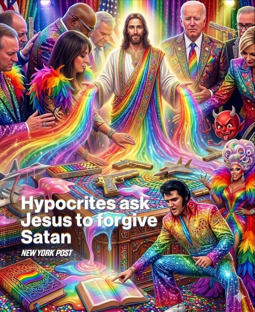 A vibrant, surreal illustration depicts a central figure in a rainbow robe surrounded by diverse people, with text overlay.