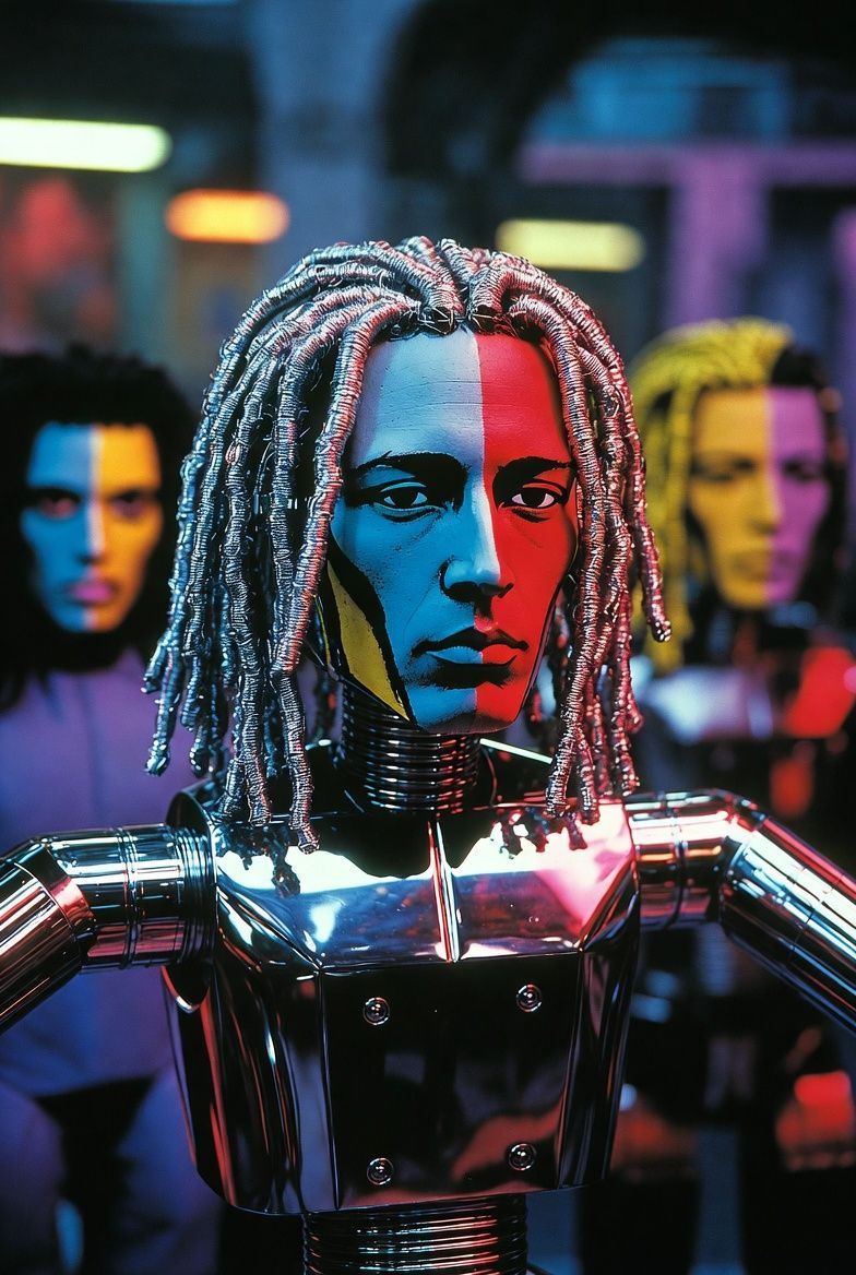 Robot with dreadlocks, face split with red and blue paint, surrounded by similar figures in a colorful setting.