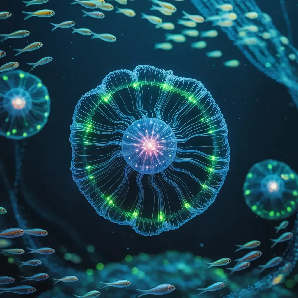 Glowing jellyfish with green and blue lights swim underwater, surrounded by small fish.