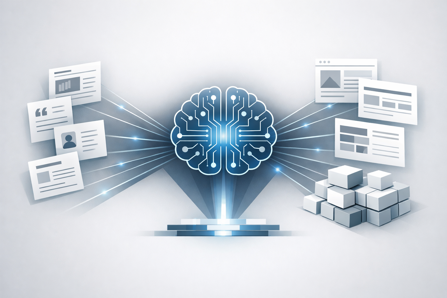Digital brain with circuit patterns radiating light, processing data represented by documents and cubes.