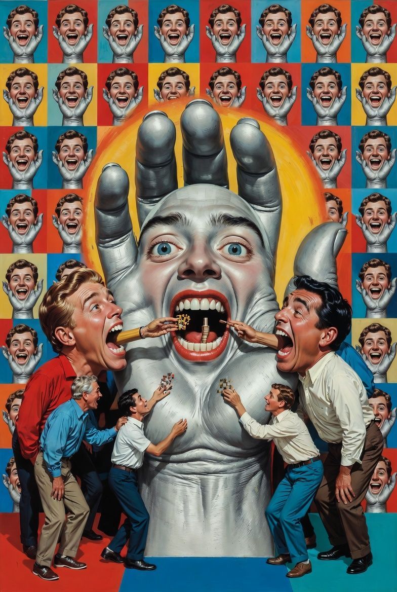 Surreal illustration: Giant hand-face figure with mouth open, being fed by smaller figures, surrounded by smiling faces.