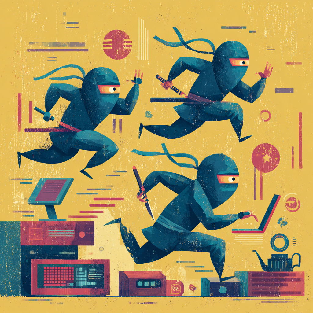 Three blue ninja figures running with swords and a laptop on a yellow background, near tech equipment.
