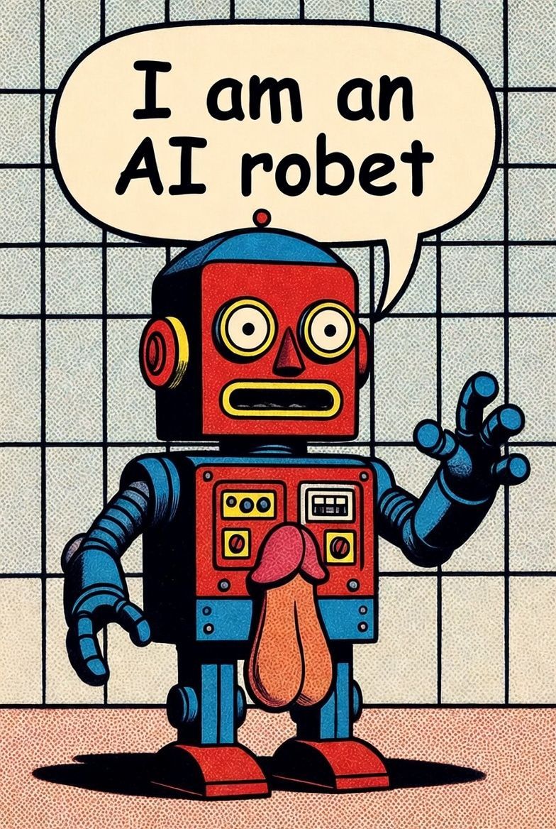 Red and blue robot with a penis. Speech bubble: