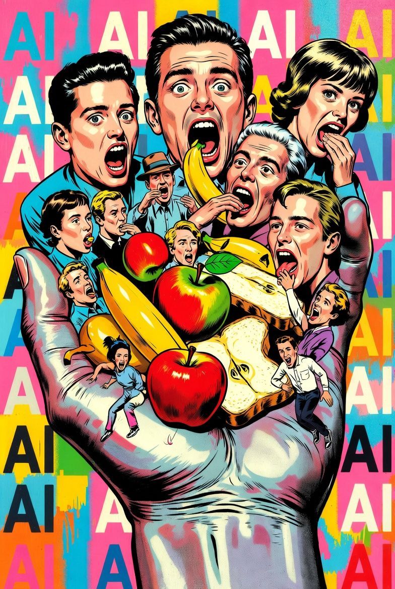 Silver hand holding fruit, faces with open mouths, surrounded by 