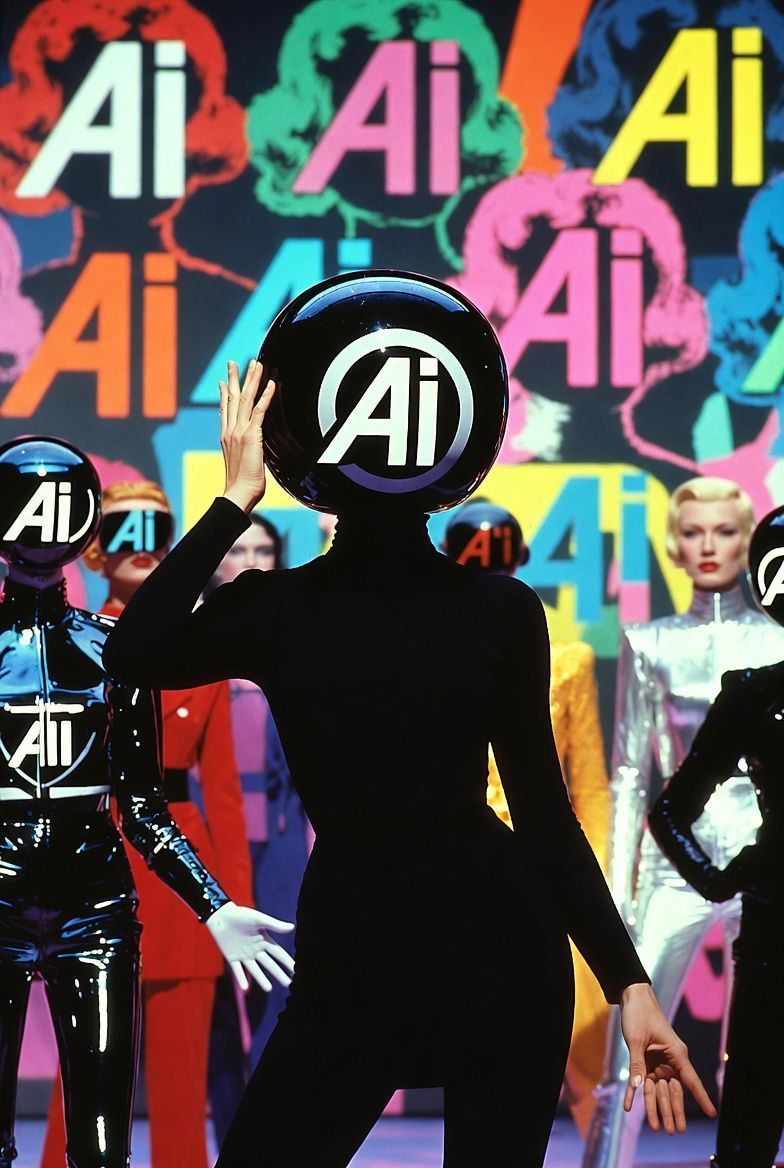 Fashion models in black bodysuits and helmet-like visors with