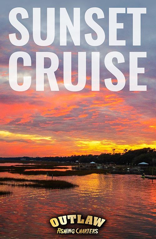 A poster for a sunset cruise with a sunset over a body of water.