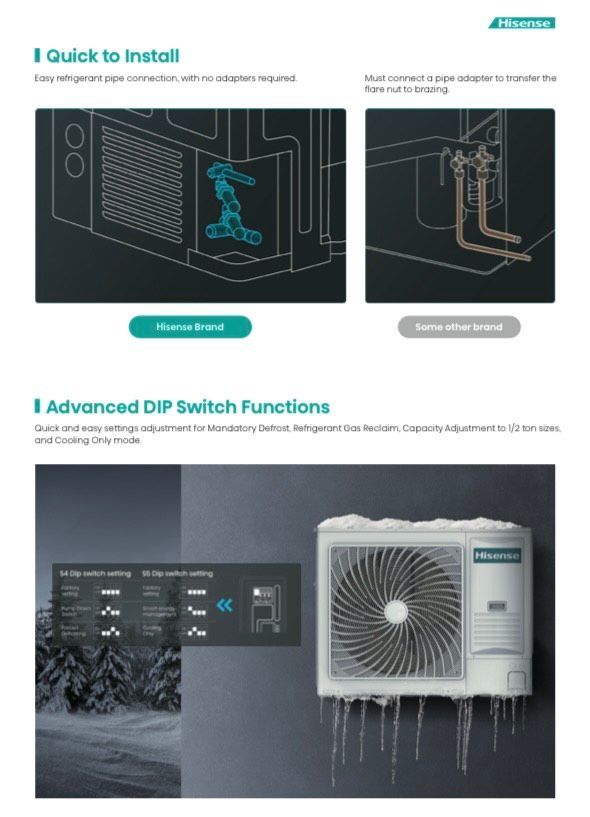 Installation guide showing quick installation steps and DIP switch functions for an air conditioning unit.
