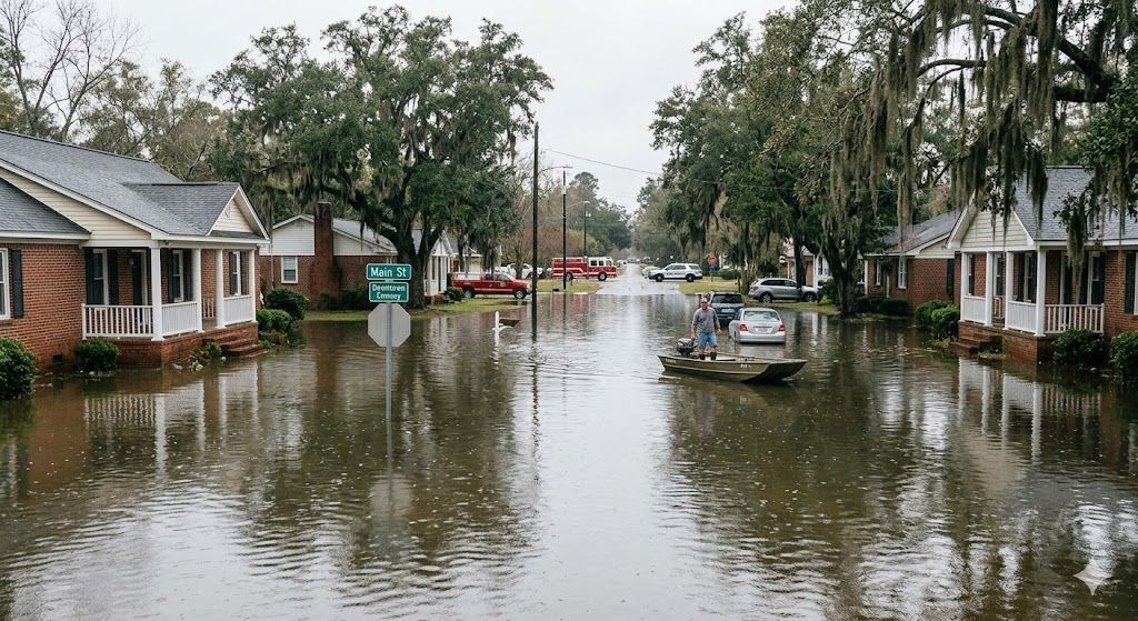 A flooded residential street with brick homes on both sides and a person navigating the water in a small motorboat.