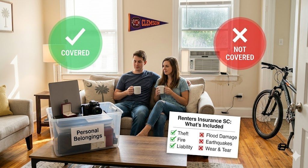 A living room with a clear plastic bin labeled