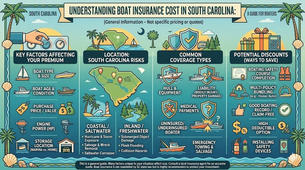 Infographic on South Carolina boat insurance costs, featuring icons for policy factors, location risks, and discounts.