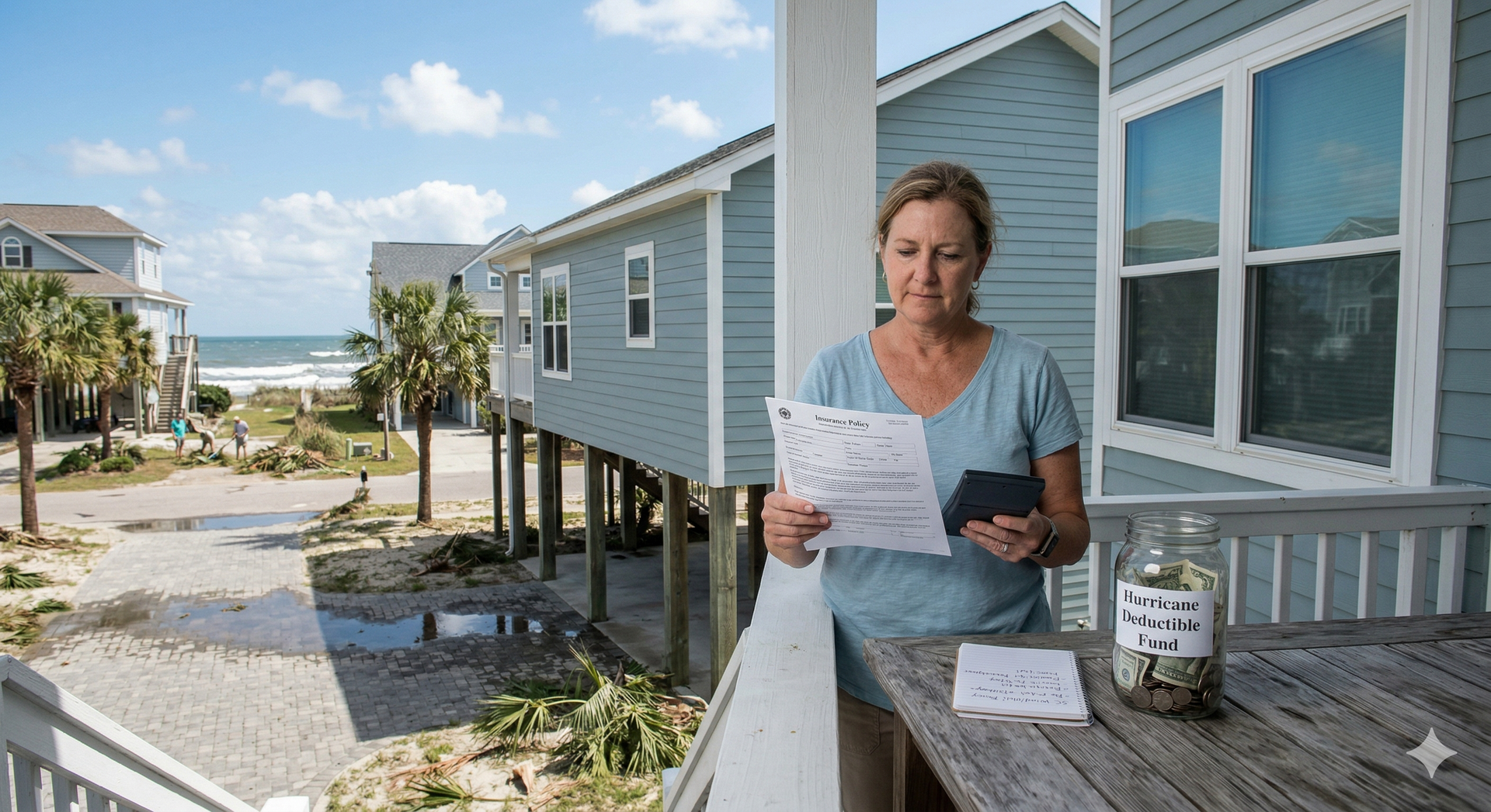 A woman stands on a beach house porch holding a document, with a jar labeled