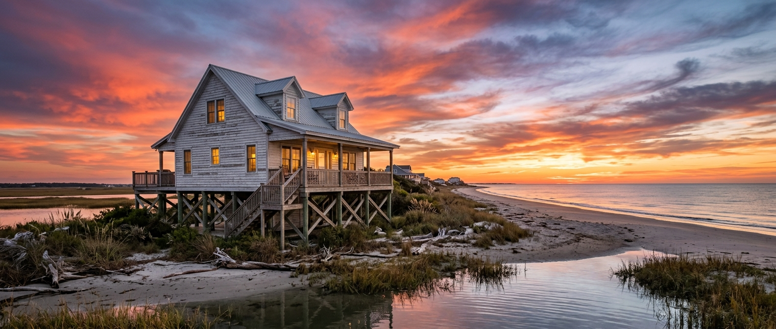 Aerial view of coastal South Carolina homes near the beach with blue sky and ocean in the background