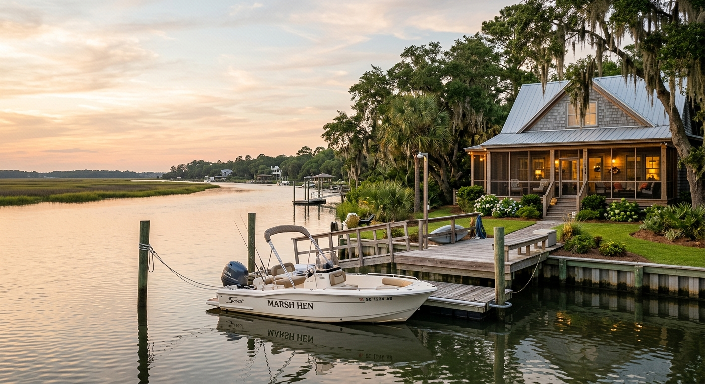 A motorized fishing boat docked at a South Carolina coastal marina with calm water and blue sky overhead