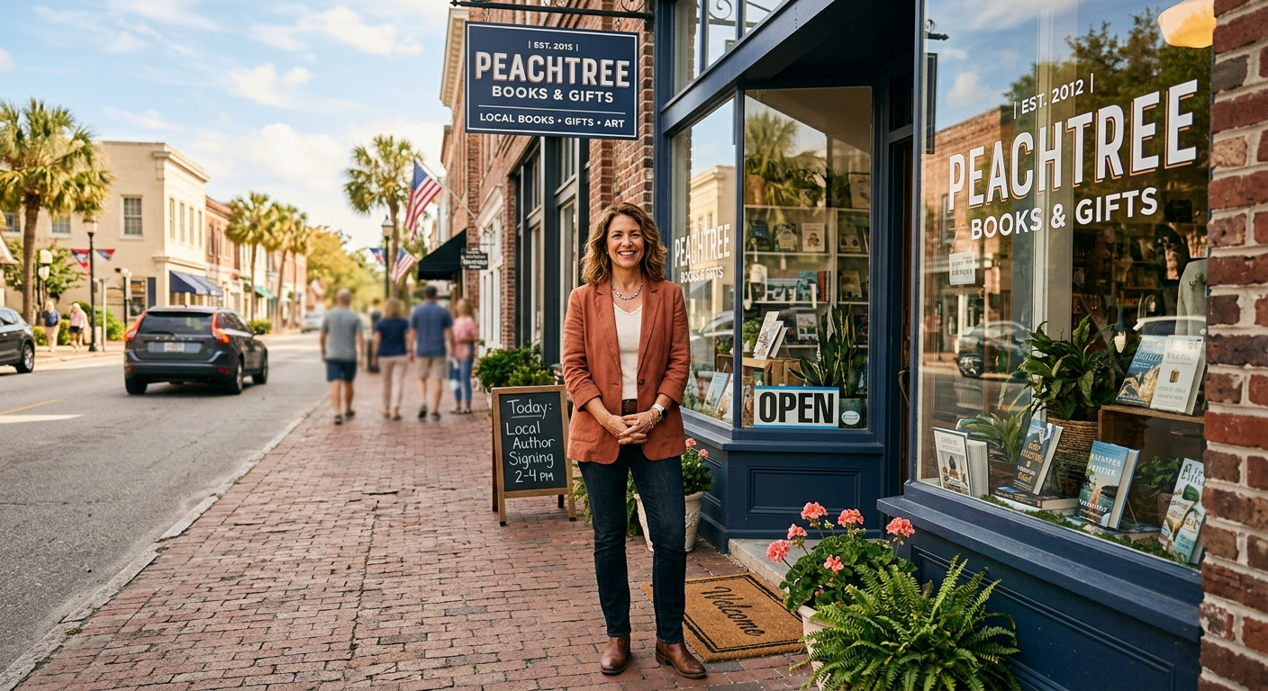 Small business owner reviewing insurance documents at a desk in a coastal South Carolina shop