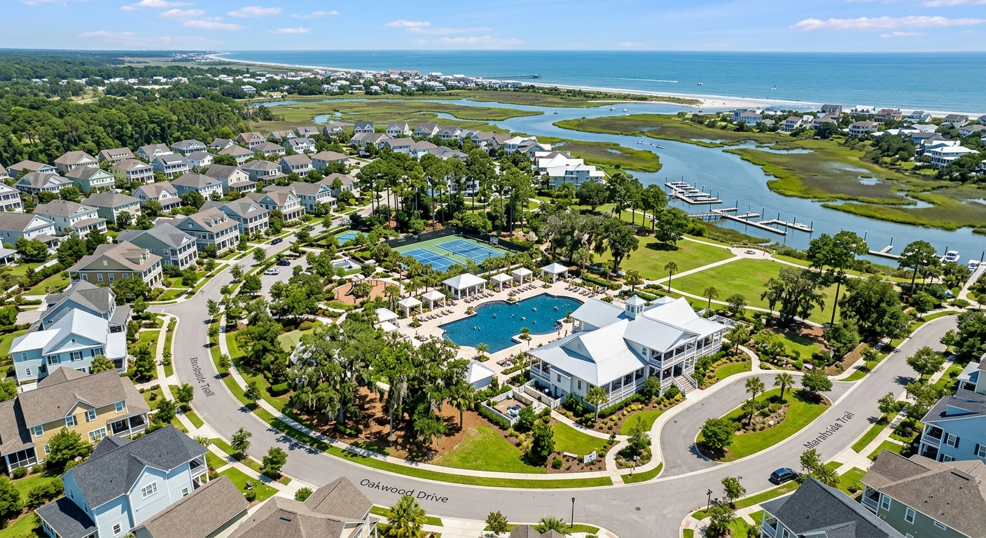 Aerial view of a coastal South Carolina HOA community with shared pool, rooftops, and ocean in the background