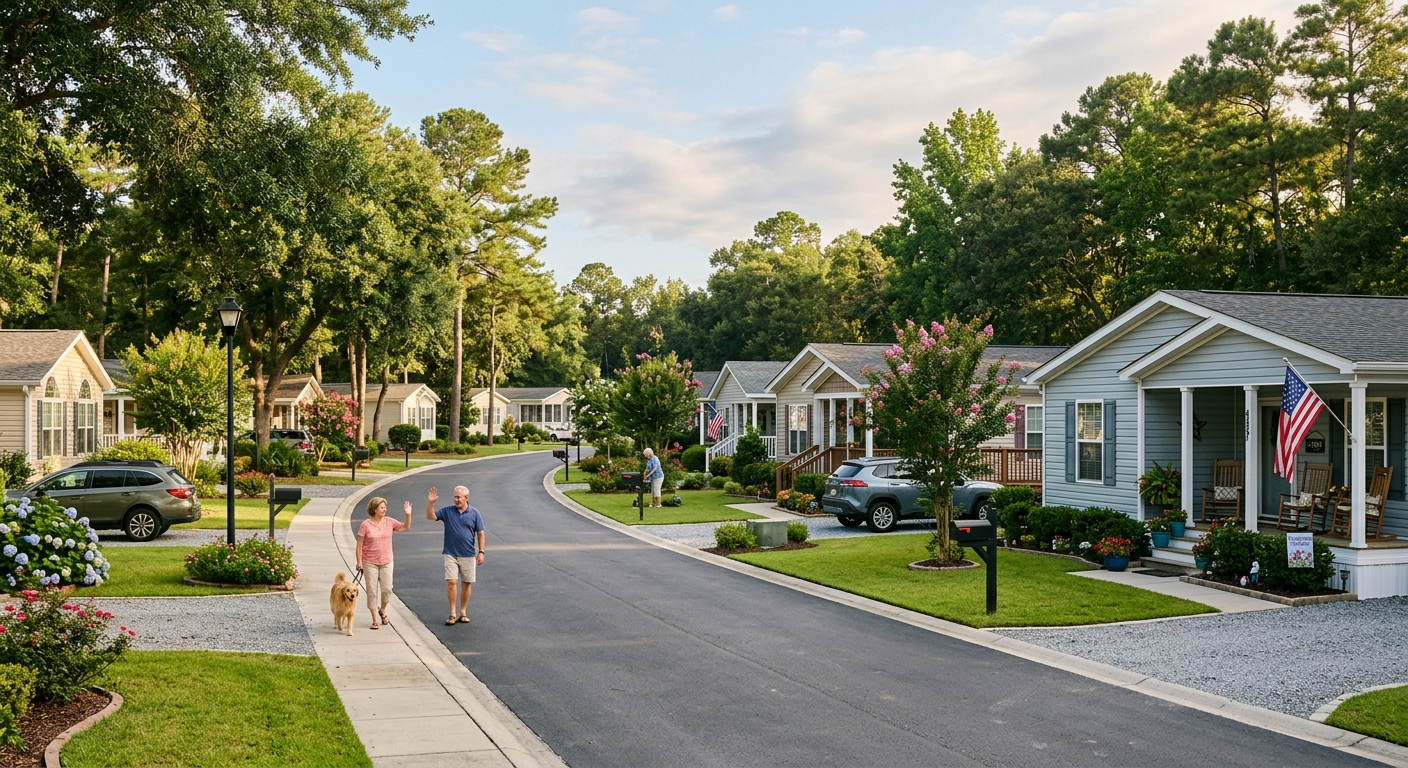 Manufactured home in a South Carolina coastal neighborhood with palm trees and blue sky