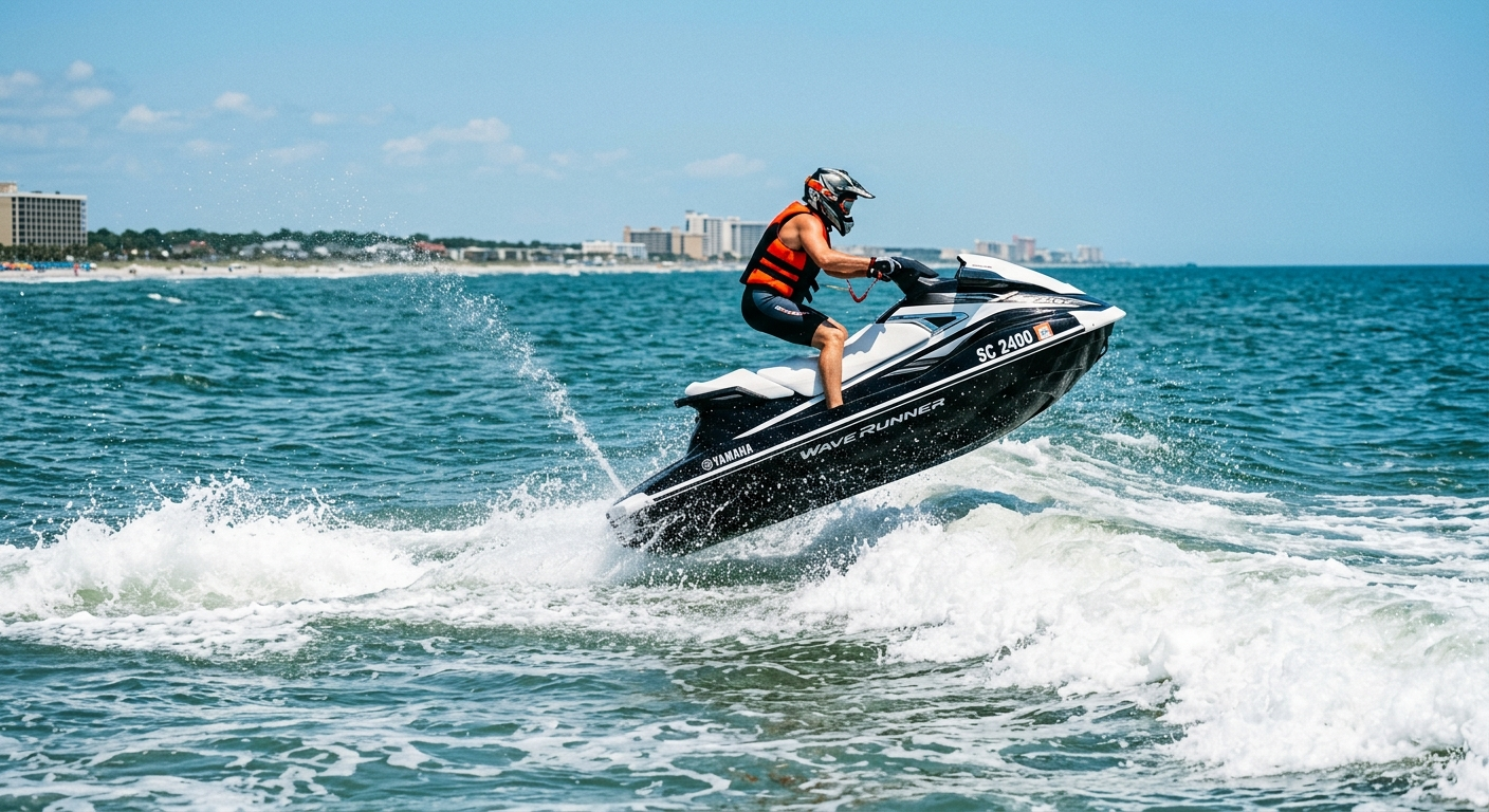 Two riders on personal watercraft speeding across calm coastal water near Myrtle Beach, South Carolina on a sunny day