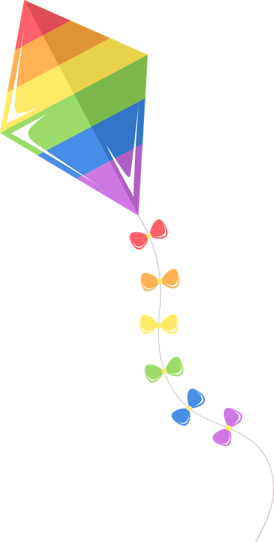 A rainbow colored kite with a string of butterflies attached to it.