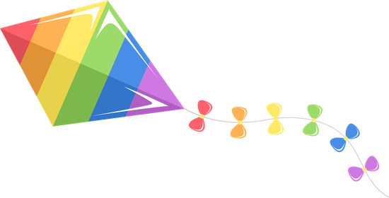 A colorful kite is flying in the air on a white background.