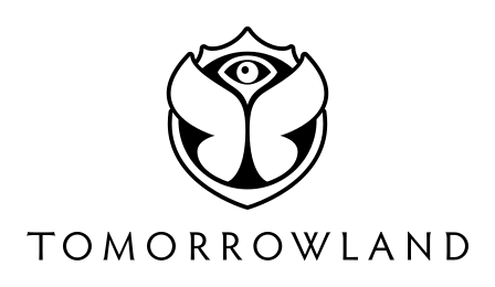 Tomorrowland logo: white outline of a shield-shaped flower emblem with an eye at the center; “Tomorrowland” text below.