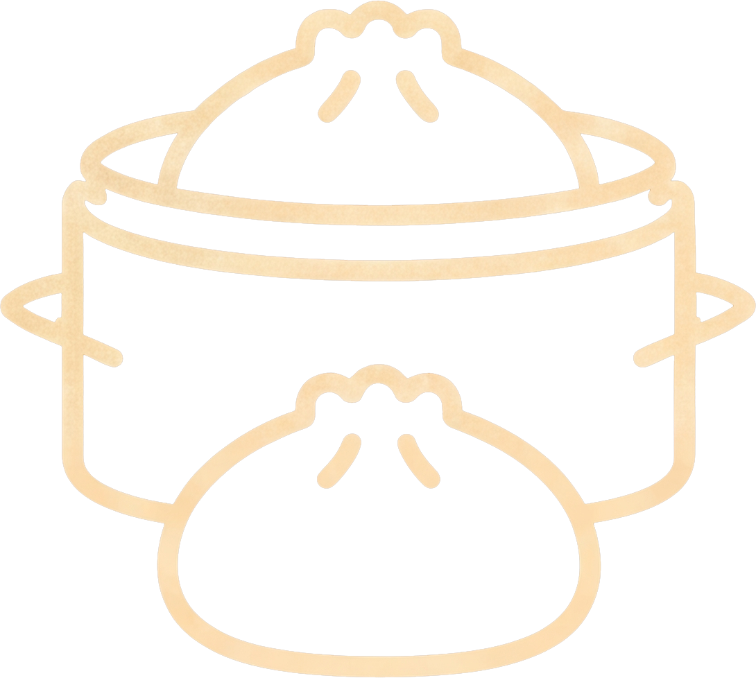 Light beige line drawing of a lidded steaming pot with a dumpling in front