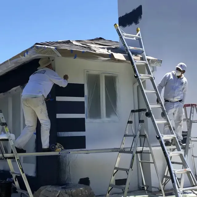 Two people painting a white building, one on a ladder, the other on a scaffold. Building has black stripes.