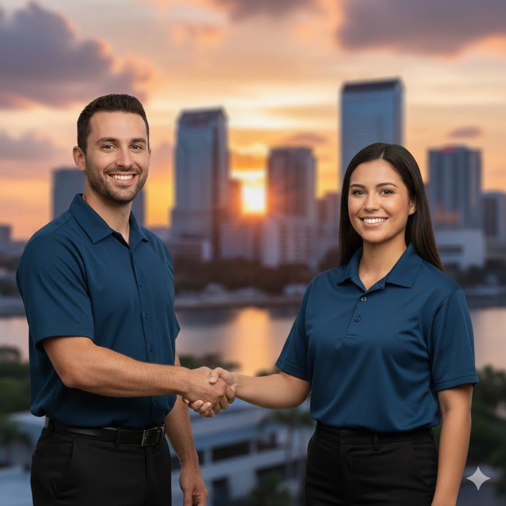 Man and woman shaking hands, smiling. City skyline sunset in the background. They wear blue polo shirts.