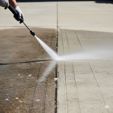 A person power washing a concrete surface, half cleaned, showing the contrast.