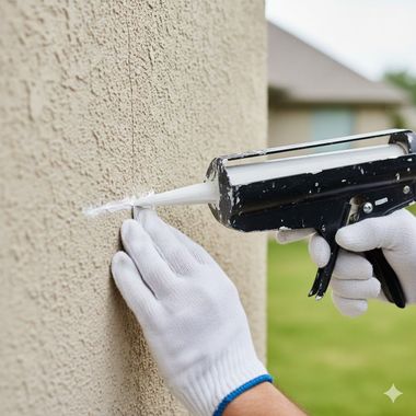 Person using a caulk gun to seal an exterior wall, wearing white gloves.