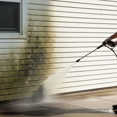 Person power washing a house siding, removing dirt and grime, exterior setting.