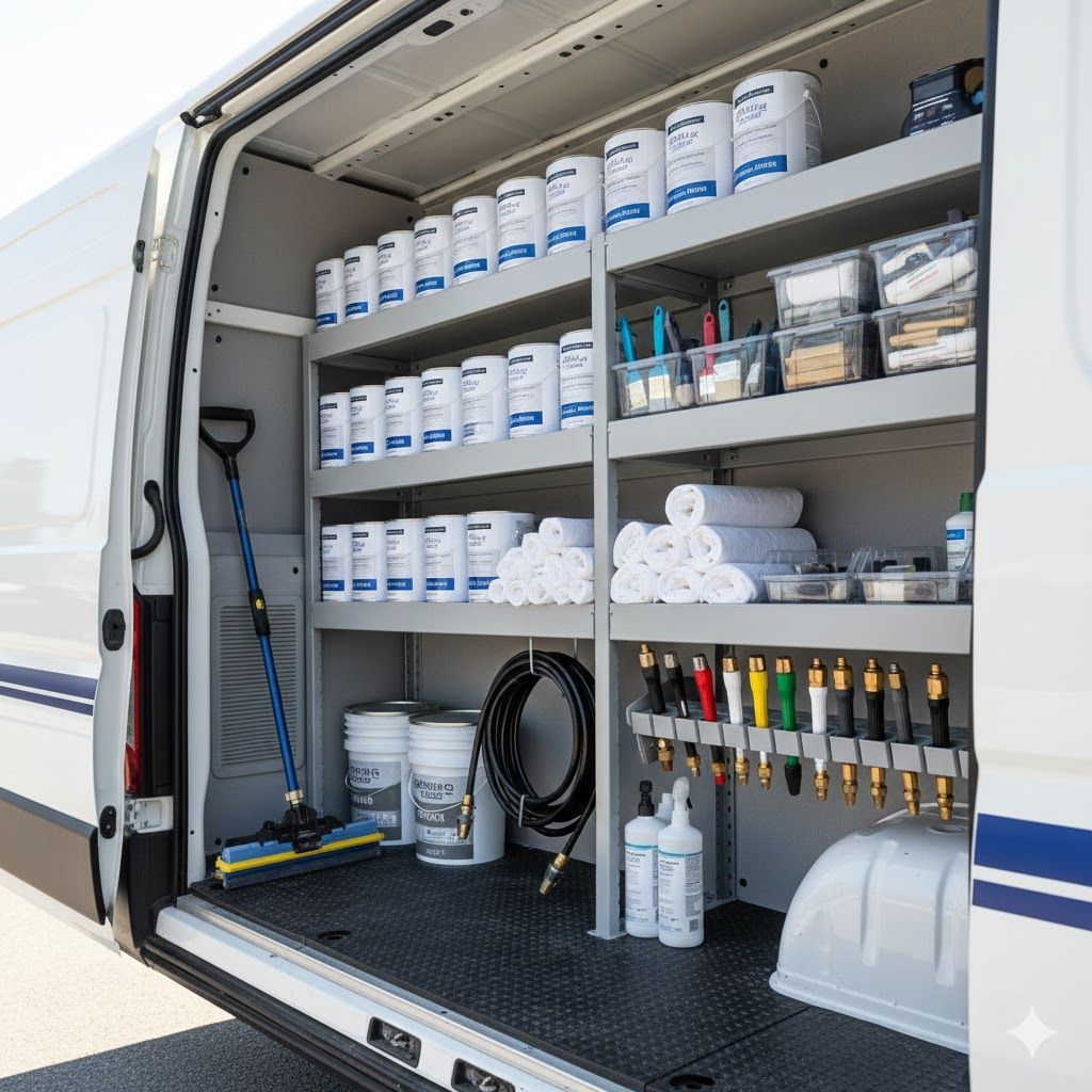 Van interior with shelves holding paint cans, tools, and supplies.